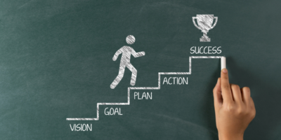 Chalkboard image of a stick figure climbing to success in healthcare using healthcare career advancement strategies